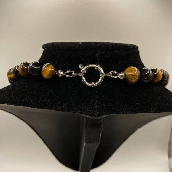 Men's Tiger Eye and Obsidian Genuine Gemstones 18.5 inch Choker Handmade NEW - Picture 3 of 13